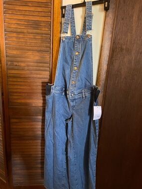 Maternity Denim Button-Front Overalls with Adjustable Straps - Blue